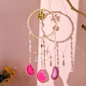 Handmade amethyst suncatcher wind chime with pink agate slice and crystal pendants