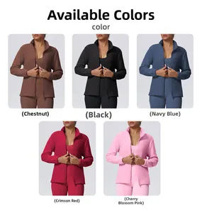 Close-up of women's zip-up sports jackets in chestnut, black, blue, red and pink options