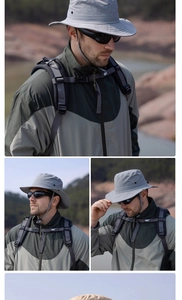 Detailed views of gray wide-brim sun hat with adjustable wind rope for outdoor activities