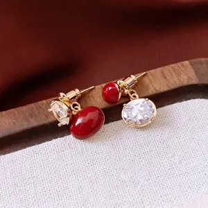 Boucles D'oreilles Puces Ovales Rouges Vintage Cuivre Plaqué Or Véritable Avec Zircon Et Tige En Argent Sterling 925 Pour Femmes