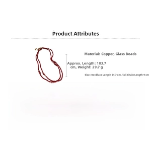 Detailed specs of the red glass bead necklace showing material, 29.7g weight and 103.7cm length