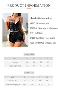 Detailed size chart for the imitation silk sling top and shorts homewear suit
