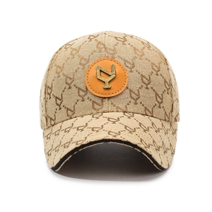 Fashionable baseball cap with monogram pattern and gold metal Y logo on orange patch