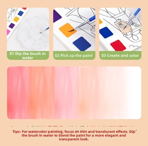 Step-by-step guide for using kids' watercolor book with brush, palette and color blocks