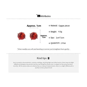 Detail view of red round zircon stud earrings with copper base material and size specifications