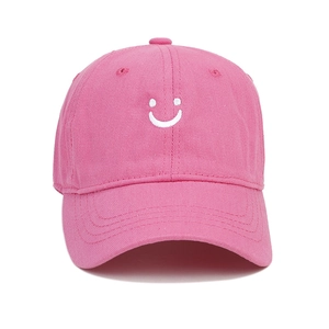 Pink cotton baseball cap for kids with cute white smile face embroidery and soft brim