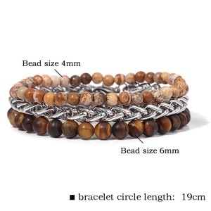 Men's retro bracelet set with natural rhodonite beads and stainless steel chains