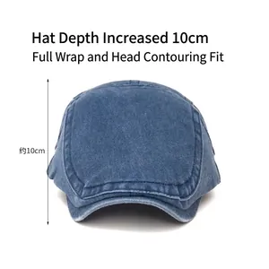 Deep blue denim flat cap for men and women with a 10cm depth vintage newsboy style