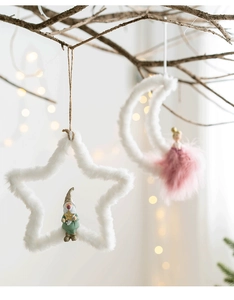 Close-up of plush Christmas tree hanging ornaments with star and moon frames