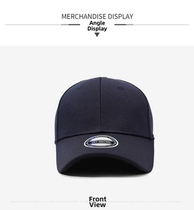 Close-up of navy fitted baseball cap showing 57-58cm silver sticker and mesh texture