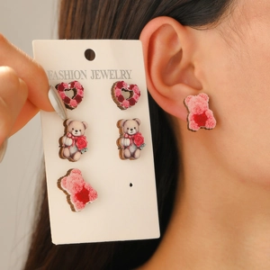 Cute Valentines Day set featuring red heart and rose bear acrylic wooden earrings
