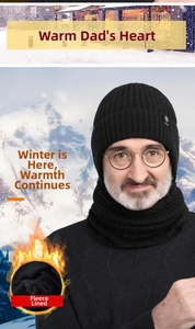 Detail of warm black knitted winter hat and scarf set with thick fleece lining for men
