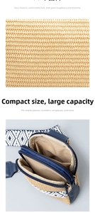 Straw crossbody bag detail showing dual zipper compartments and ethnic woven strap