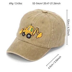 Kids washed cotton baseball cap with yellow excavator embroidery in khaki finish
