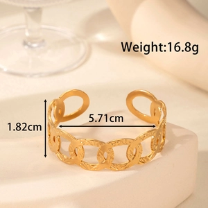 Retro hammered texture gold wide cuff bracelet with link chain design on stone base
