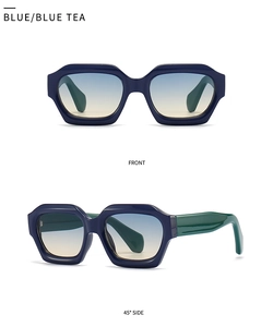 Close-up of chunky blue geometric sunglasses with blue tea gradient lenses in dual views