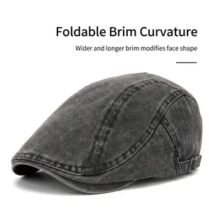 Vintage dark gray washed denim flat cap with a foldable wide brim for face contouring