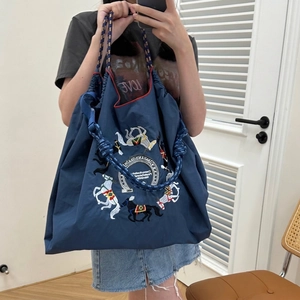 Navy Ball Chain embroidered tote bag with colorful horse pattern and woven rope handles