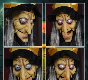 Detail views of scary Halloween witch mask with glowing LED eyes and grey hair