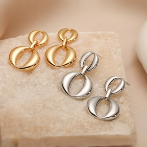 Geometric Circle Drop Earrings Copper 18K Gold Plated Double Interlocking Oval Loops Minimalist INS Style Jewelry For Women