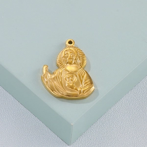 Hip hop style gold stainless steel Jesus pendant necklace on a light blue geometric base
