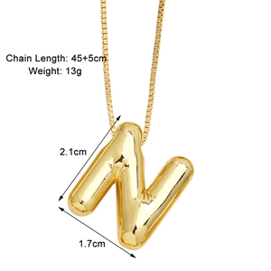 Detail view of 3D bubble letter N pendant necklace showing 45+5cm length and 13g weight