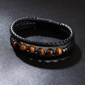Men's double-layer bracelet with black braided leather and colorful tiger eye stone beads