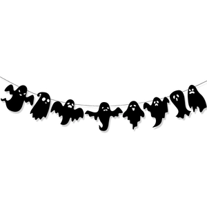 Halloween hanging banner featuring eight unique black ghost silhouettes on white background