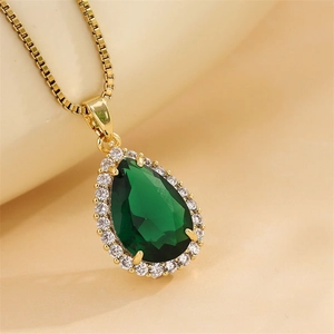Golden teardrop emerald necklace with zircon halo and titanium steel chain for women
