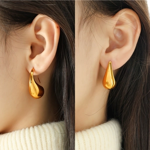Minimalist 18K gold plated stainless steel teardrop earrings shown from front and side angles
