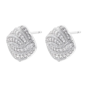 Macro detail of silver-toned square earrings featuring pavé micro-set cubic zirconia crystals