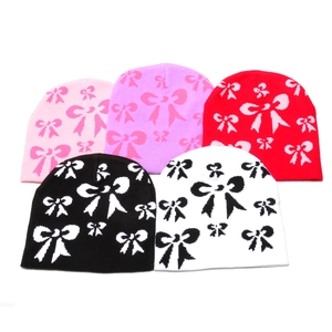 Berretto In Maglia Beanie Con Motivo Fiocco Jacquard Caldo Antivento Stile Dolce Per Donna