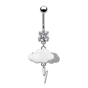Detailed view of silver belly ring with white enamel cloud and lightning bolt pendant