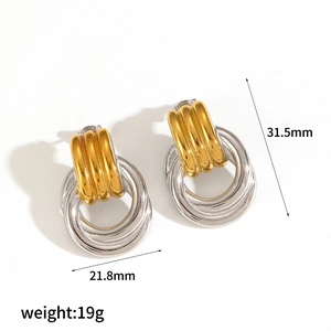 Geometric dual-tone 18k gold and silver stainless steel earrings with 31.5mm length