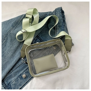 Close-up of light green strap and transparent jelly bag on denim jacket background