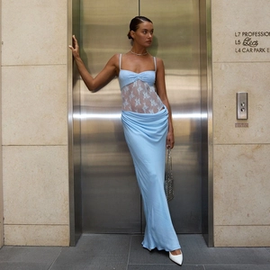 Women Lace Patchwork Cotton Linen Maxi Dress Sexy Spaghetti Strap High Waist Bodycon Summer Streetwear Party Pink Blue