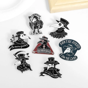 Set of 7 cartoon plague doctor enamel pins in black and white raven doctor styles