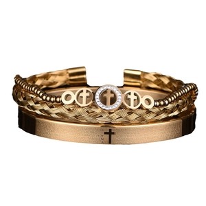 3-piece gold stainless steel bracelet set with cross pendant and Spanish Lord's Prayer