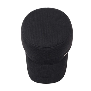 Winter thermal wool blend flat top cap for men with metal logo detail on white background