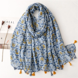 Women Floral Print Scarf Shawl Polyester Voile Lightweight Sun Protection Travel Beach Sweet Tassel Wrap