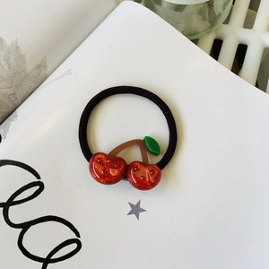 Cute red cherry hair tie with rhinestones on woven elastic band for y2k style