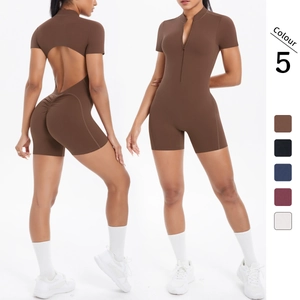 Tuta da Yoga Traspirante da Donna in Nylon Elastan Schiena Scoperta Cerniera Manica Corta Romper per Fitness Corsa Allenamento Aderente