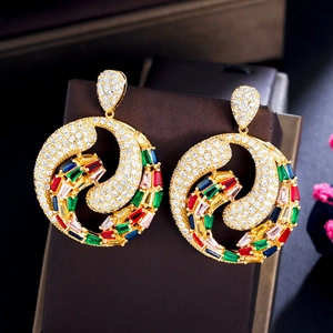 Boucles d'Oreilles Créoles en Cuivre Plaquées Or 18K Zirconia Multicolore Vintage Vortex en Spirale pour Femmes Bijoux de Fête