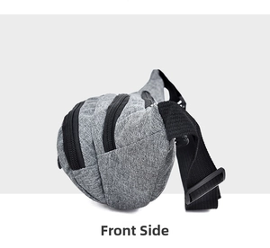 Side view of gray oxford fabric waist bag showing multi-layer zippers and durable straps