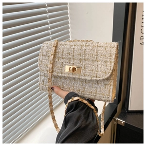 Detail of cream tweed crossbody bag with gold chain strap and metal twist lock closure