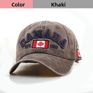 Close-up of blue 3D embroidery Canada text and flag on khaki cotton baseball cap