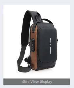 Detail showing security anti-theft combination lock and side stitching on men's sling bag