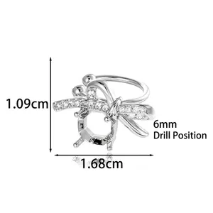Silver bee bow earring base with cubic zirconia accents and 6mm setting dimensions