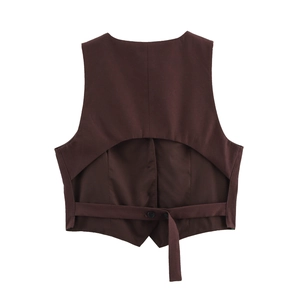 Women's dark brown slim fit vest with back buckle and backless cut on white background