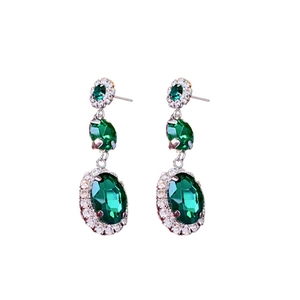 Elegant French green oval earrings with crystal halo and silver setting for women